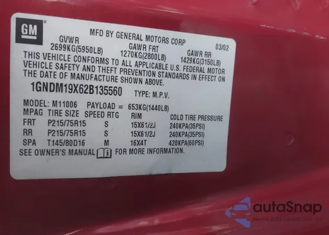2002 Chevrolet Astro Ls from USA, damaged, VIN 1GNDM19X62B135560
